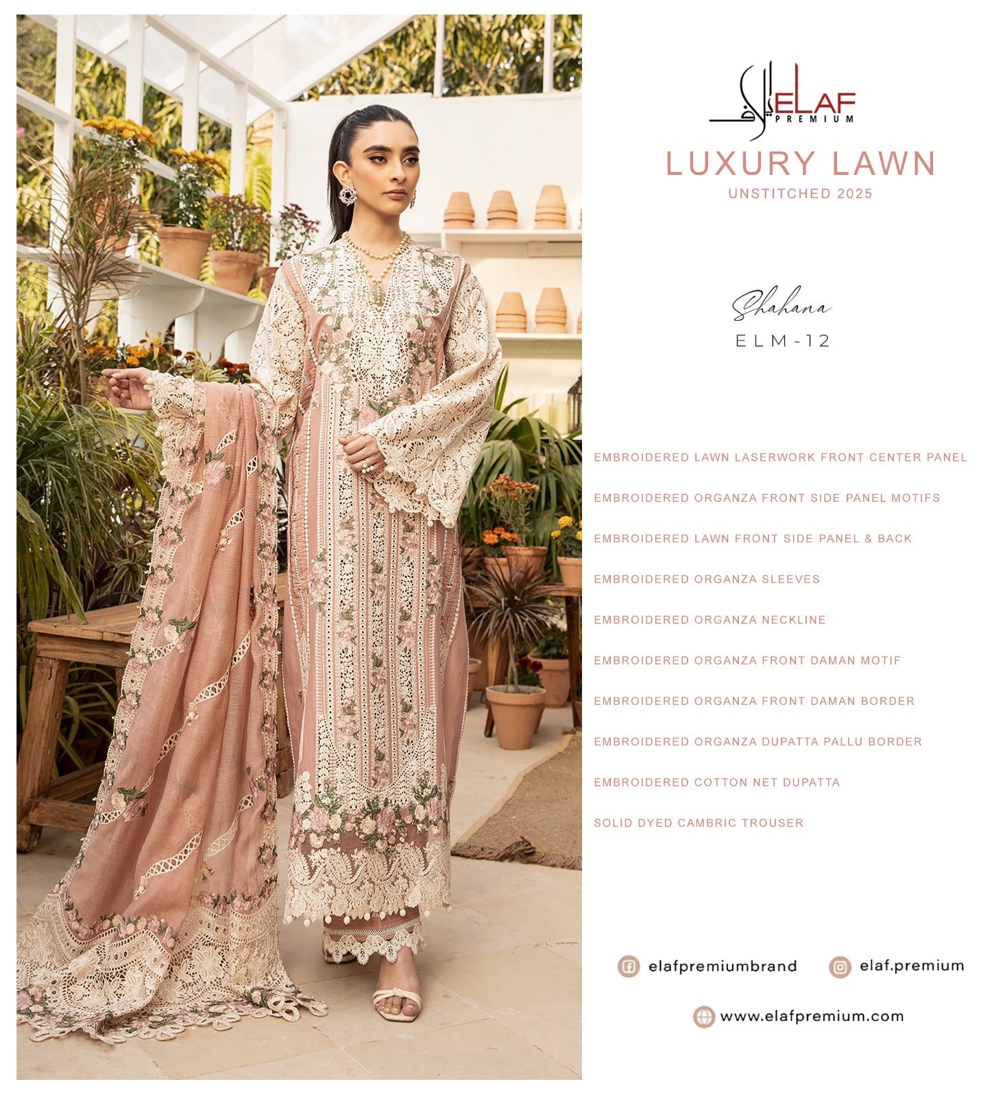 Elaf Premium - Luxury Embroidered Lawn Collection - ELM-12 Shahana Unstitched